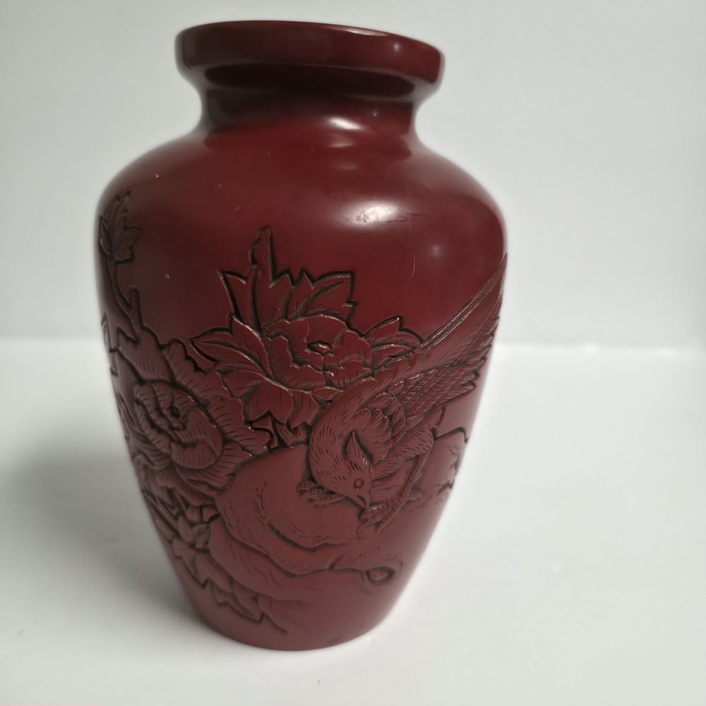 Vintage Japanese Murakami Tsuishu Style Carved Red Flower Vase Bird Peony